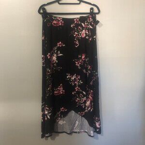 Colette High-Low Faux Front-Wrap Skirt - Black with Florals - Large